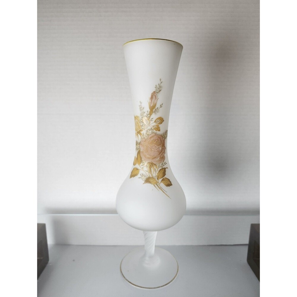 Vintage 10" White Satin Frosted Glass Vase Handpainted Flowers Gold Rim